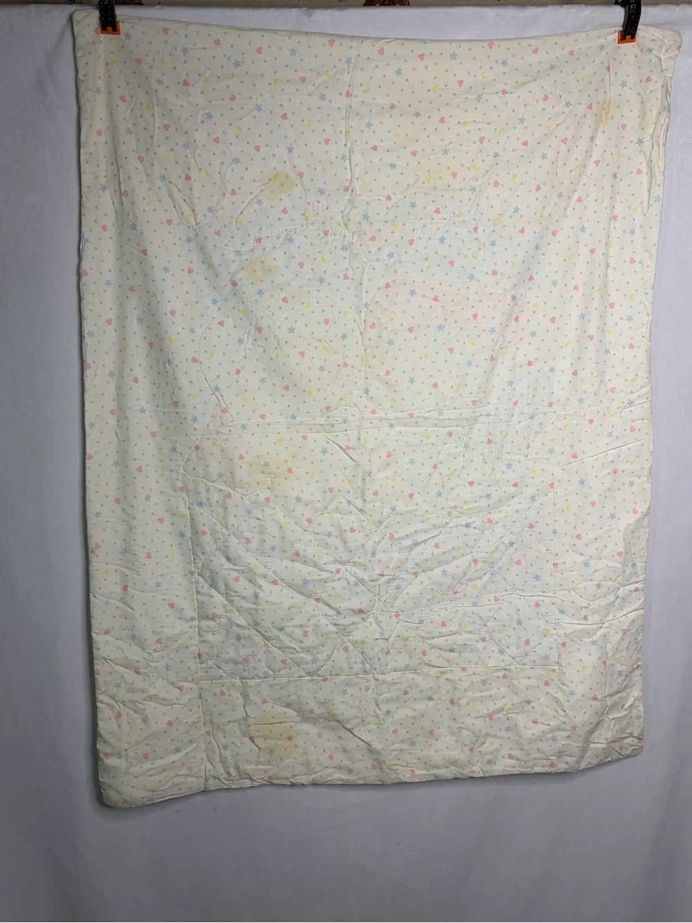 Vtg Pastel Baby Quilt Bears Duck Blocks Elephant Blanket 33X42